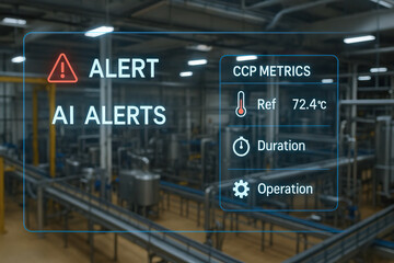 AI alert notification with CCP metrics showing temperature, duration, and operation in industrial factory environment, highlighting advanced monitoring technology