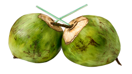 Green coconuts with drinking straw isolated on a white background