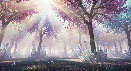 Enchanted forest with crystal formations and magical trees under a sunlit sky, creating a whimsical atmosphere