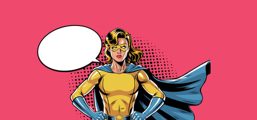 Vector illustration of superwoman in retro pop art style. Beautiful girl in superhero costume giving speech © дима селиванов