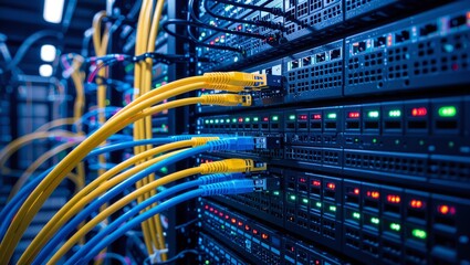 Network servers host data with yellow and blue cables connecting the units in a data center for connectivity.