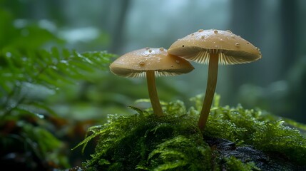 ro shot of small poisonous mushrooms on the forest floor