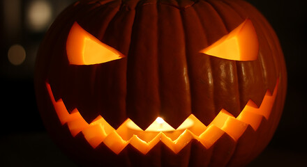 A close-up shot of a carved pumpkin with glowing, illuminated features.