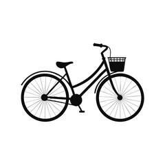 Silhouette of vintage bicycle with basket on white background for retro style  