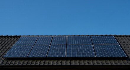 Solar panels installed on a dark tiled roof against a clear blue sky, capturing sunlight.