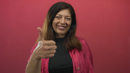 Hispanic woman wearing a pink jacket and smiling gives a thumbs up in a studio with a pink...