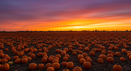 Obraz premium A vast field of pumpkins stretches towards the horizon under a vibrant, colorful sunset sky.
