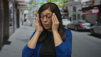 Fototapeta premium Woman presses temples on street outdoors in a city setting wearing blue jacket and glasses; stress fatigue.