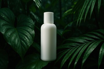 Refreshing Soap Bottle Amidst Lush Tropical Rainforest Leaves