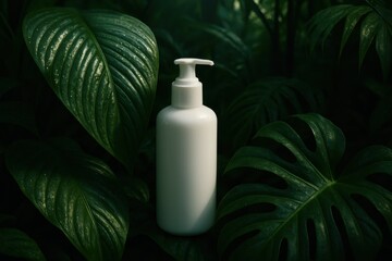 Refreshing Soap Bottle Amidst Lush Tropical Rainforest Leaves