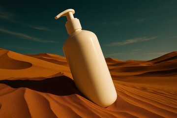 Lost Oasis Soap Bottle in Desert Under Vast Skyline