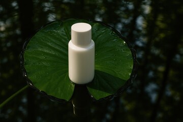White Cosmetic Bottle on Lotus Leaf in Water