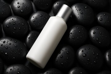 White Cosmetic Bottle on Wet Black Spa Stones
