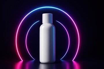 White Cosmetic Bottle with Neon Lights on Background