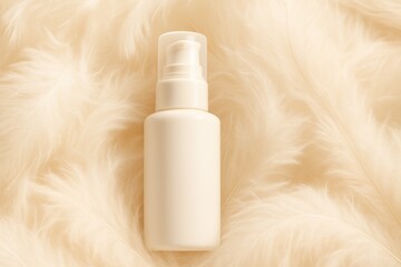 White Cosmetic Bottle on Soft Feather Background