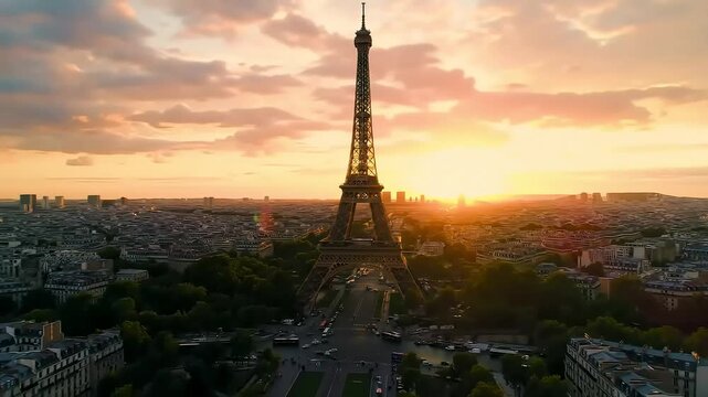Eiffel Tower sunset aerial Paris cityscape background, travel