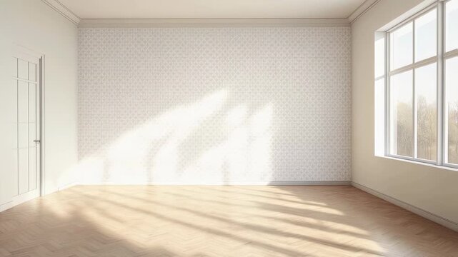 Sunlight moving across empty room with large windows and wooden floor