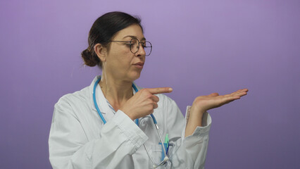 Woman doctor wearing white coat and stethoscope finger pointing to open palm in purple studio;...