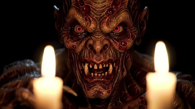 Ghastly monster portrait, candles lit, dark background, horror film use