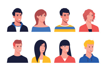 Diverse Portrait Set: A collection of illustrated diverse people portraits, smiling and looking towards the same direction.