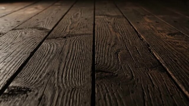 Dark wooden planks aligned diagonally closeup on the surface