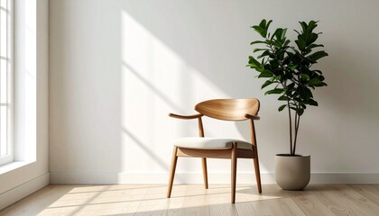 Bright Minimalist Room with Wooden Chair and Plant