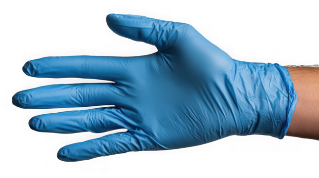 Close up of a blue latex glove on a hand isolated on transparent background - Powered by Adobe