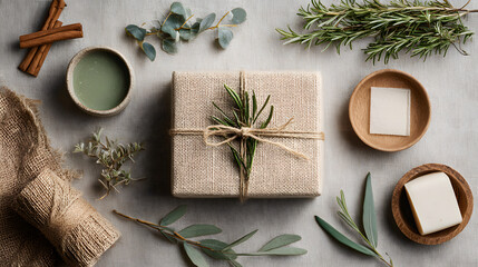 Rustic Gift Package with Natural Elements and Decorative Herbs