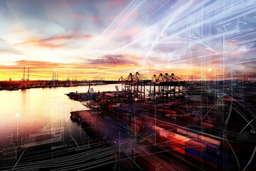 Modern shipping port at sunset with digital overlay, global trade and logistics concept