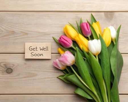 A bouquet of pink yellow and white tulips with a get well soon note flower image