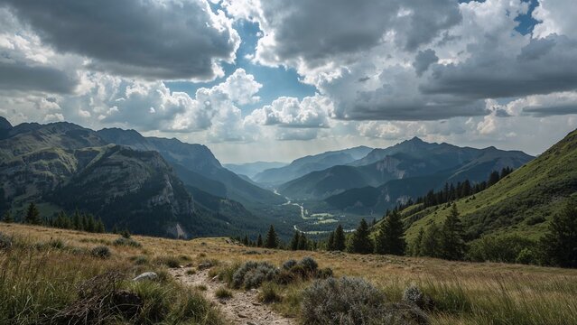 Panoramic mountain vista with a valley winding through the peaks. - Powered by Adobe