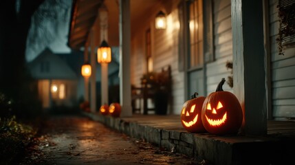 Halloween concept Enchanting Halloween Scene with Glowing Jack-O'-Lanterns on a Cozy Porch at Night