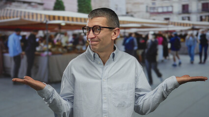 Man standing outdoors at bustling street market surrounded by people shopping in lively marketplace...