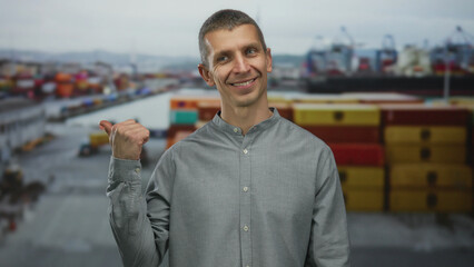 Man confidently pointing with thumb seaside port backdrop showcasing ships and containers in...
