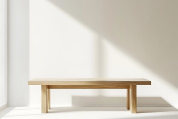Minimalist Wooden Table in Bright Room with Sunlight Casting Shadow