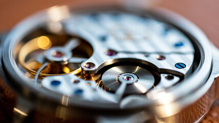 A macro photograph of a mechanical watch movement with a shallow depth of field.
