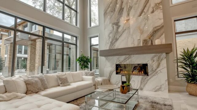 Luxurious living room with a marble fireplace and large windows, exuding elegance and warmth.