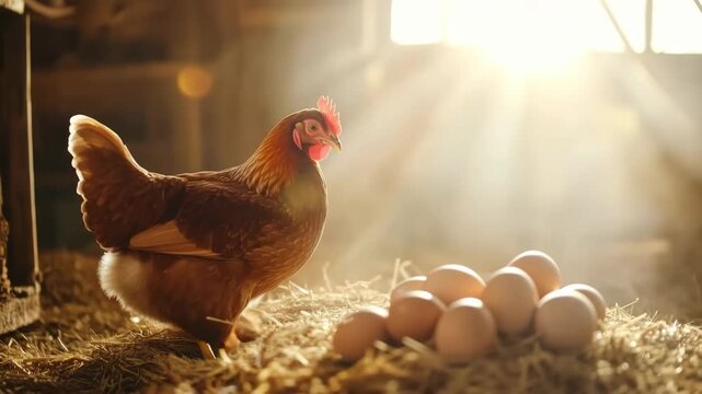 Brown hen standing near fresh eggs in a coop with straw illuminated by warm sunlight