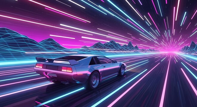 Retro Futuristic Car Driving Through Neon Light Trails, Synthwave Aesthetic