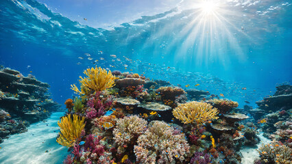 Naklejka premium Luminous Sun Rays Over Abundant Coral Reef