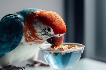 Colorful macaw eating nutritious food from bowl, close-up parrot enjoying meal indoors