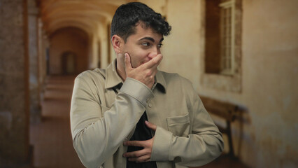 Man presses mouth then hides face in corridor where young hispanic actor shows surprise after laugh...