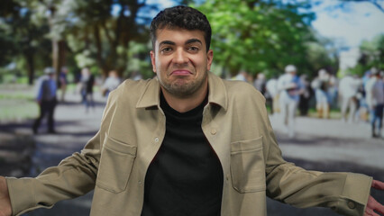 Man touches head with hand for doubt in park; confusion doubt.