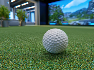 Naklejka premium Close-up view of a white golf ball resting on artificial grass in a modern indoor golf facility, showcasing the texture and detail of the ball and surroundings