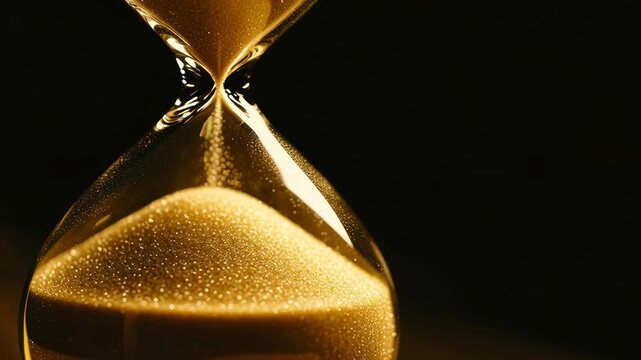 golden sand falling in hourglass close up on dark background