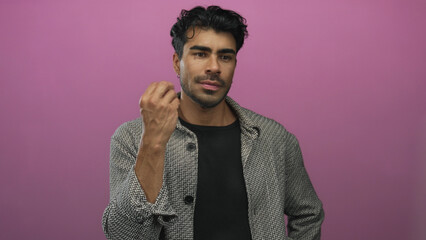 Man shows pinched fingers gesture expressing tension while wearing a black shirt and checkered...
