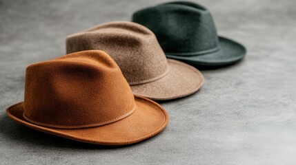 An artistic view of three distinct hats, each crafted from different materials and colors, elegantly arranged to showcase their unique textures and styles, ideal for portraying contemporary headwear 