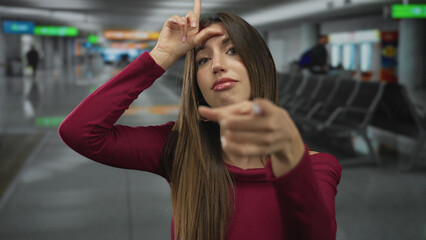 Young hispanic woman makes loser gesture with hand framing forehead at airport terminal indoor...