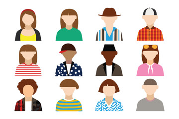 Character Portraits: Diverse collection of twelve portraits of anonymous individuals. Representing a spectrum of personalities through stylistic character design, simple graphic representation