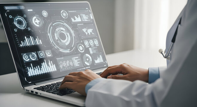 A medical professional engages with a laptop showcasing advanced digital health analytics.